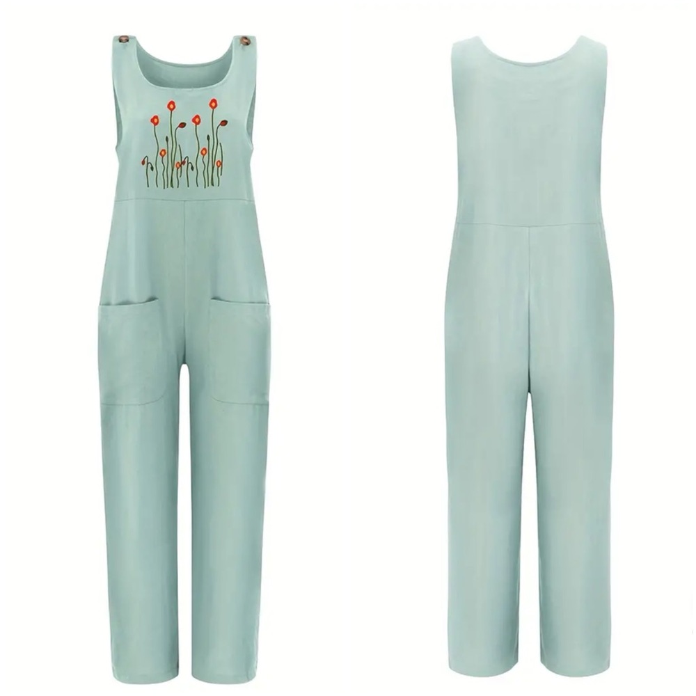 LIGHT GREEN floral embroidered overalls/jumper|XL - Picture 2 of 6